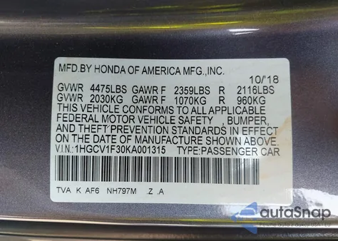 2019 Honda Accord Sport z USA, uszkodzony, nr VIN 1HGCV1F30KA001315